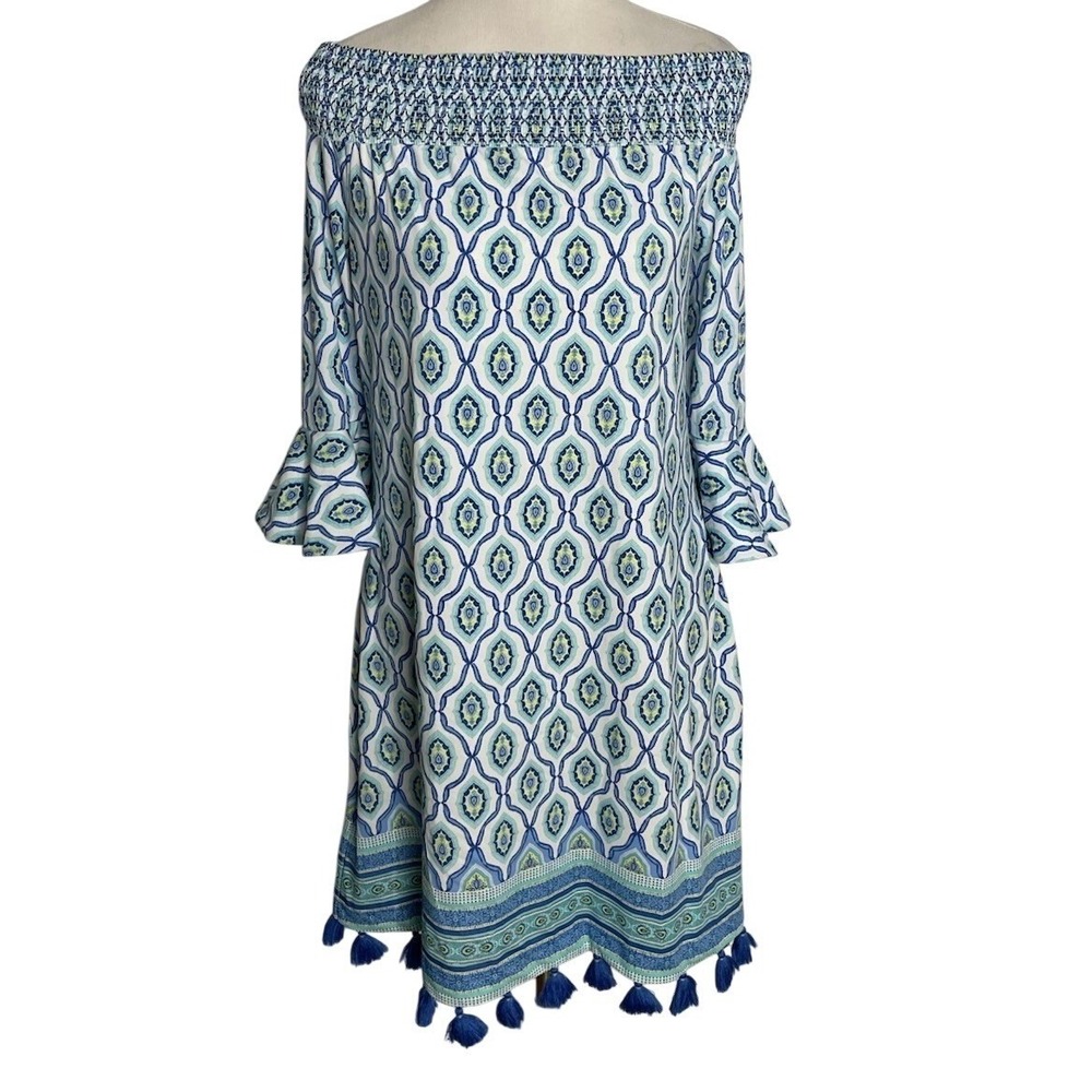 CABANA LIFE Charleston‎ Off Shoulder Smocked Blue White Tassels Dress Coastal L